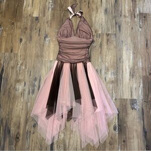 VTG Y2K 2000s Pink & Burgundy Tulle Asymmetrical Fairy Halter Dress